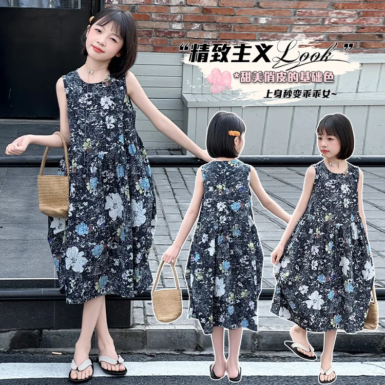 女童连衣裙韩版夏季碎花中大童时尚网红无袖洋气沙滩甜美俏皮裙子