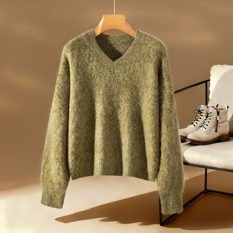 【100羊毛】轻奢高端拉毛云朵质感V领针织衫套头毛衣针织衫MS9289