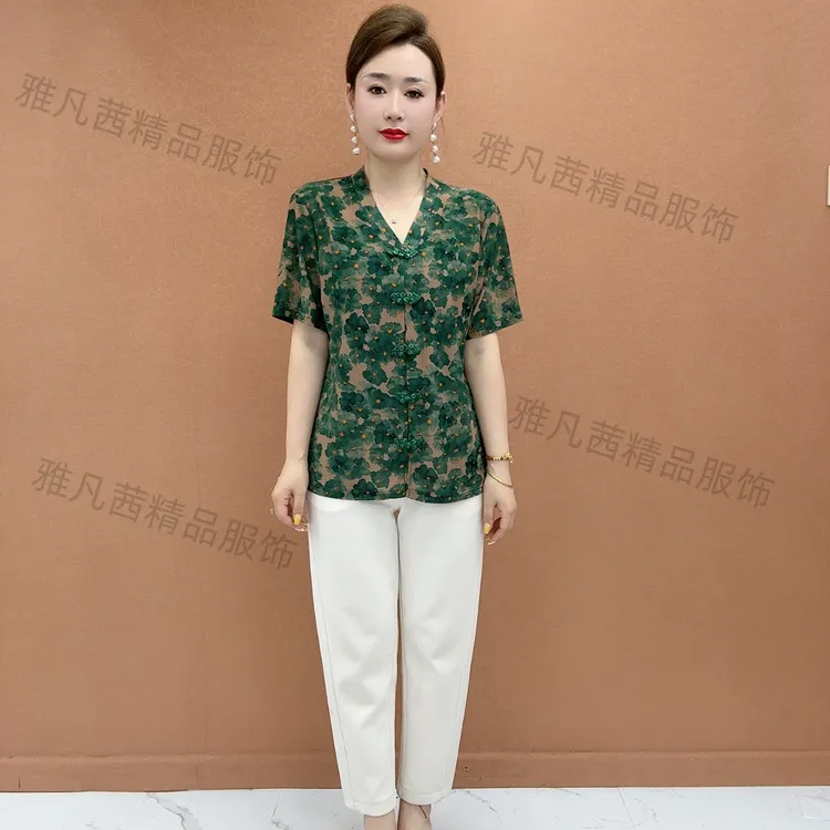 8-2妈妈装夏季显瘦遮肚时尚洋气休闲气质t恤中老年女士复古宽松