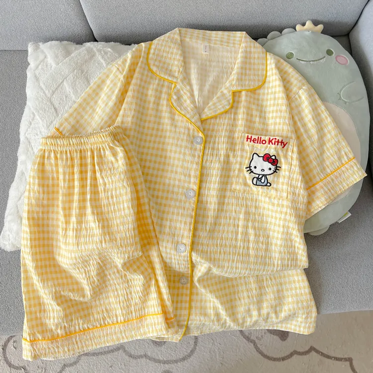 格子kitty云朵棉睡衣夏天女短袖短裤夏季学生卡通甜美少女家居服