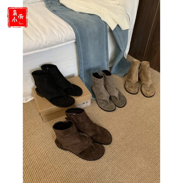 复古潮流设计夹脚凉靴女夏风简约高帮短靴女灰黑卡其咖