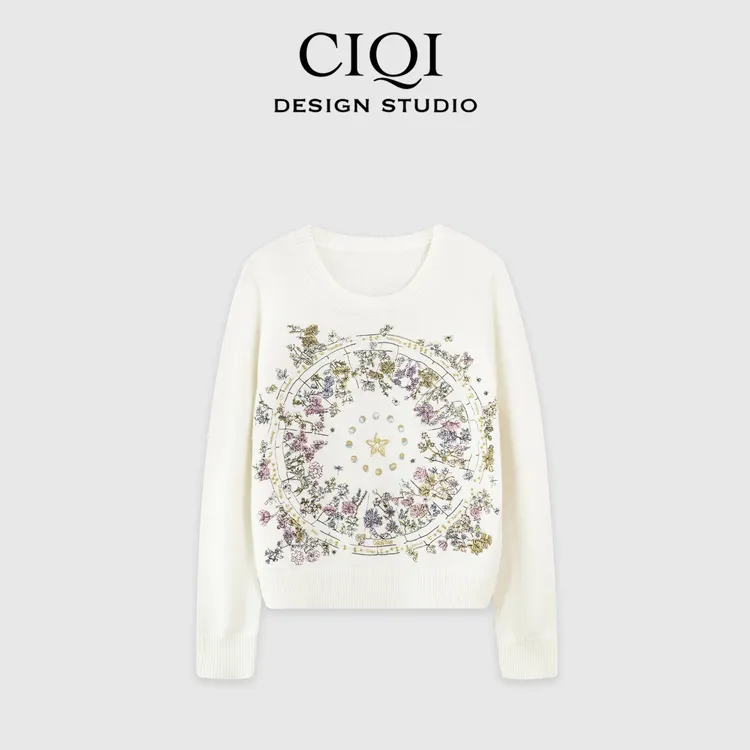 CIQI STUDIO【花卉刺绣】轻奢重工刺绣圆领长袖套头针织衫DY251015