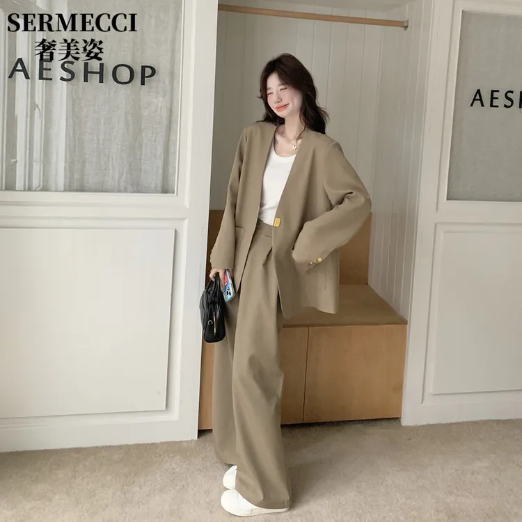 卡其色高级感西装套装女士2025秋季新款韩系轻熟风休闲宽裤两件套