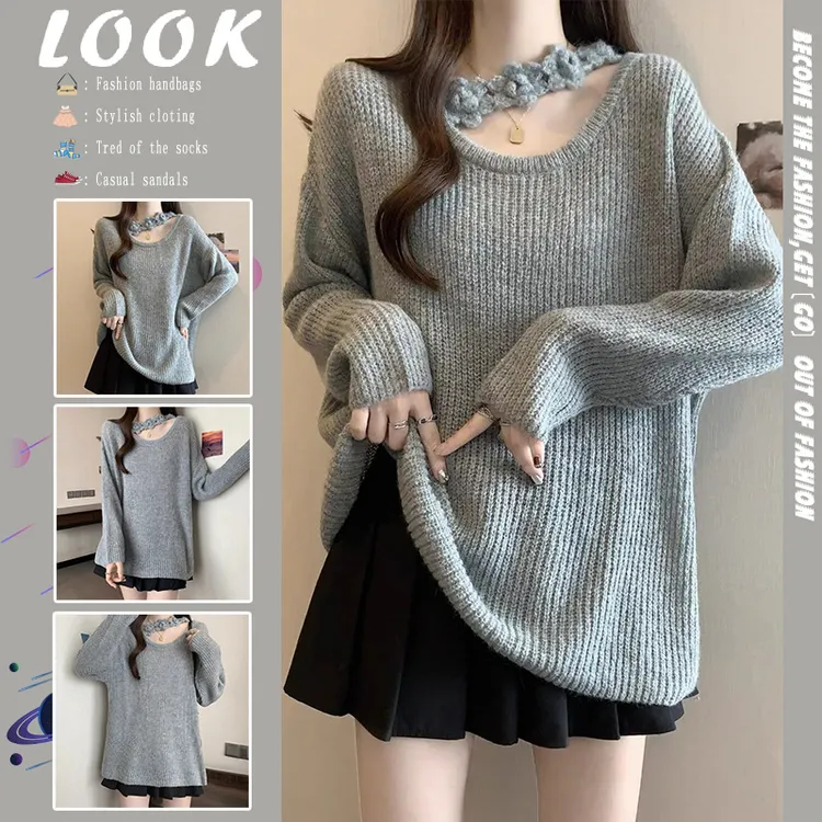 海翔法式立体花朵套头毛衣女秋冬季韩系设计感慵懒气质宽松百搭上