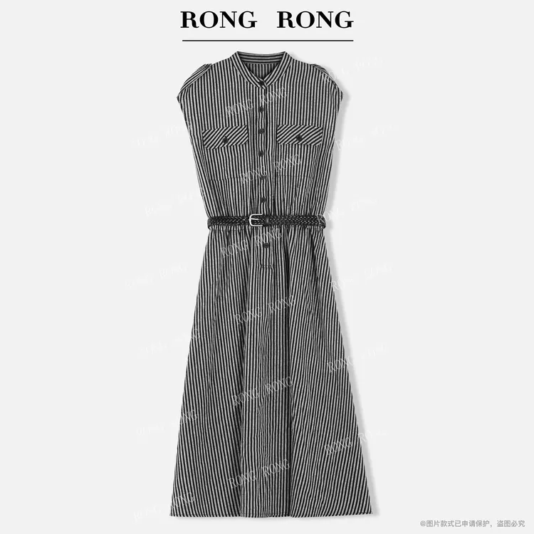溶溶【诗序浸染】RONGRONG 亚麻混纺条纹收腰知性风连衣裙25C8277