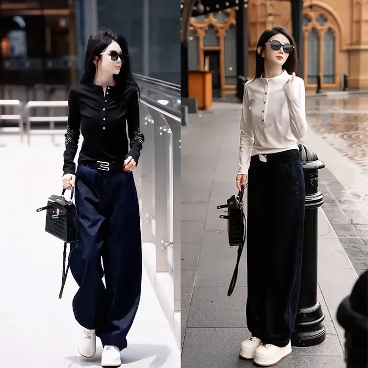 2025秋季新款设计感洋气时尚百搭白色上衣女深蓝色牛仔裤两件套装
