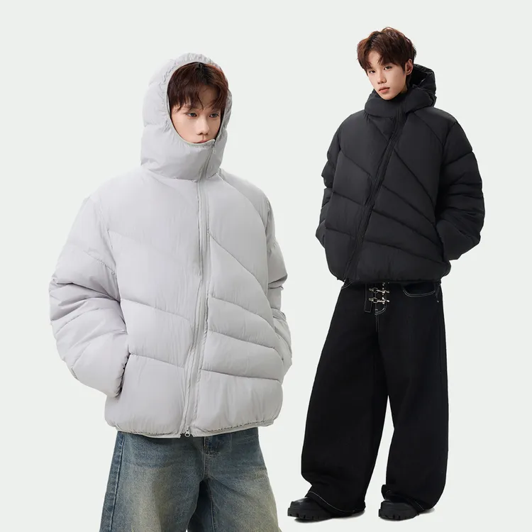 斜拉链解构排骨连帽棉衣外套男冬季加厚保暖潮牌宽松短款棉服棉袄
