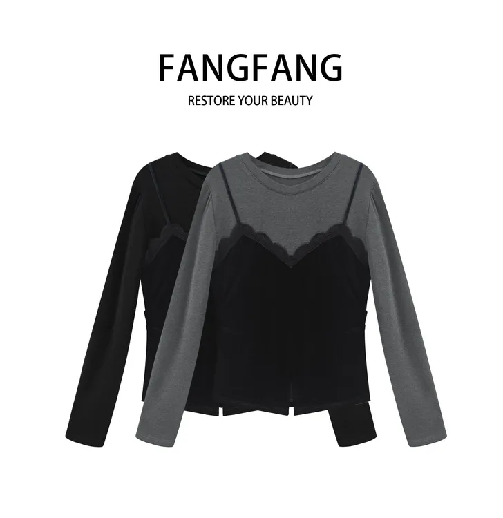 F.F圆领拼接常规修身型INS风长袖T恤假两件女款设计感上衣68008