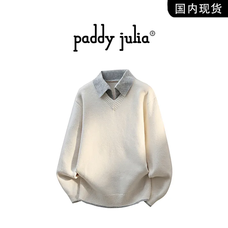 Paddy julia假两件毛衣男款冬季翻领针织衫高级感轻奢痞帅上衣服