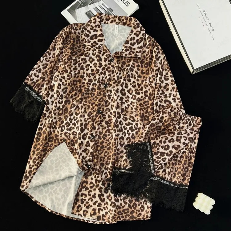 纯欲夏季短袖短裤冰雪丝睡衣女时尚蕾丝薄款开衫豹纹家居服套装