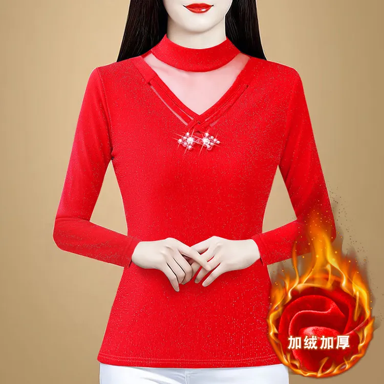 新款大码秋冬时尚洋气妈妈长袖加绒加厚外穿网纱蕾丝打底衫上衣