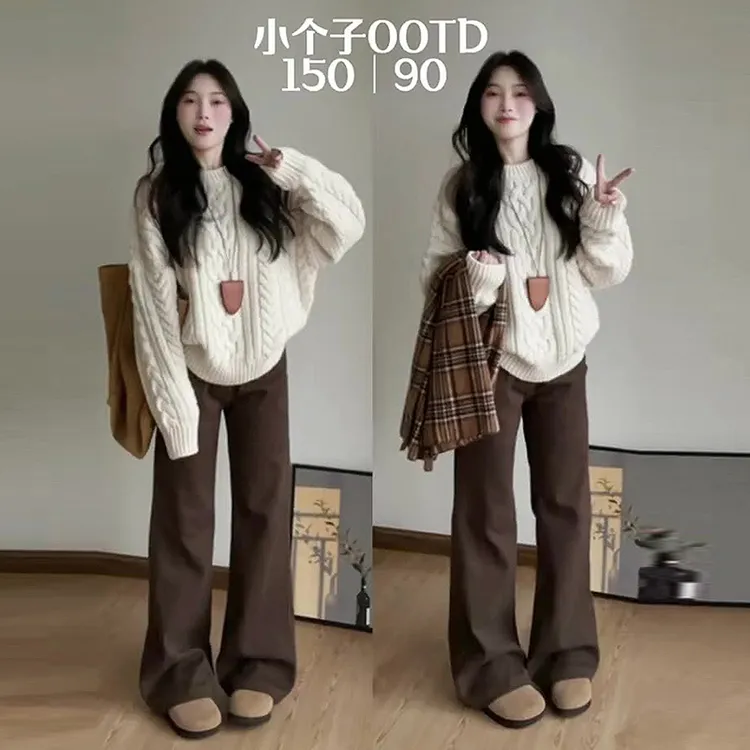 复古咖色加绒微喇牛仔裤女2025秋冬小个子高腰修身显瘦拖地长裤子