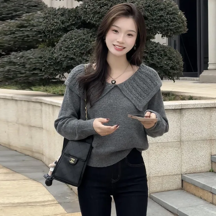 时尚娃娃领针织衫女2025秋季新款洋气灰色宽松百搭减龄毛衣上衣潮