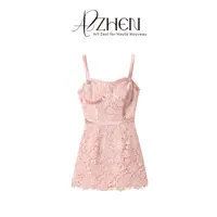 AZZHEN【微醺花屿】温柔风蕾丝拼接精美丝绒吊带连衣裙AZ5BSL28-00