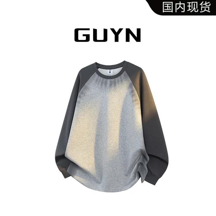 品牌现货】GUYN春秋季美式撞色灰色卫衣男款渐变色潮流长袖t恤男装
