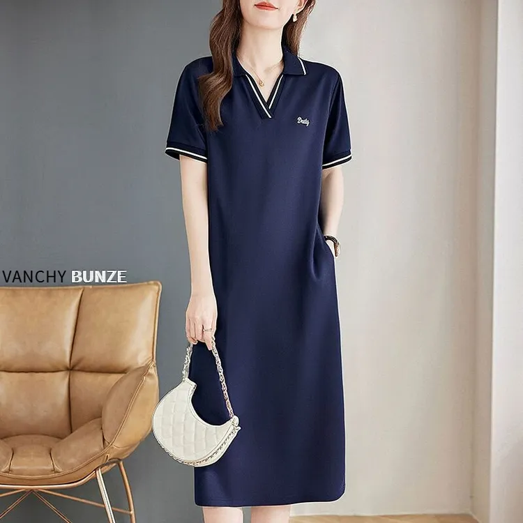 BUNZE 大码polo连衣裙女2025新款夏季裙子翻领宽松大码女装中长款