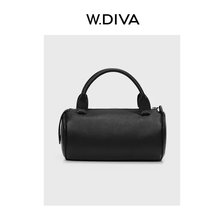 W.Diva【卢浮】胎牛皮羊皮休闲出行百搭圆筒黑色手提包50B292241