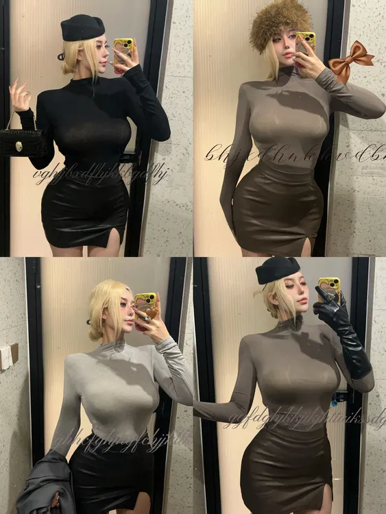 卡戴珊专属【名门千金】半高领微透显胸大修身显瘦性感长袖打底衫T恤