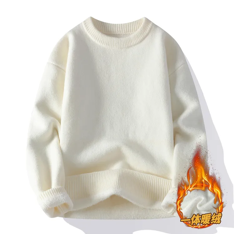 一体绒毛衣男秋冬季加绒加厚打底针织衫男士保暖内搭白色毛线衣服
