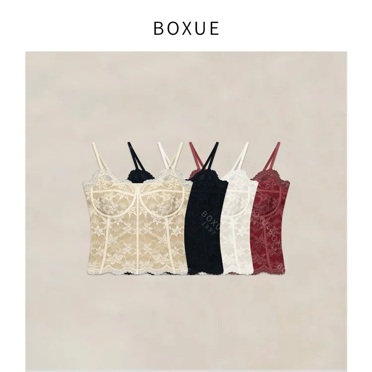 BOXUE 法式高奢蕾丝刺绣中长款固定杯美背 背心#251127D7067