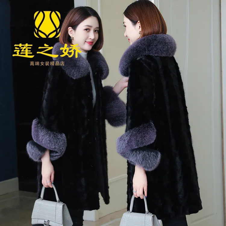 2025新海宁水貂毛皮草大衣外套中长款狐狸毛领女妈妈装貂皮毛一体