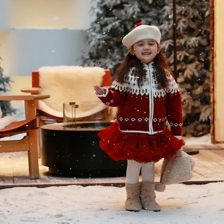 大小卷【费尔岛】冬季新款儿童圣诞提花连帽亲子开衫毛衣-410011