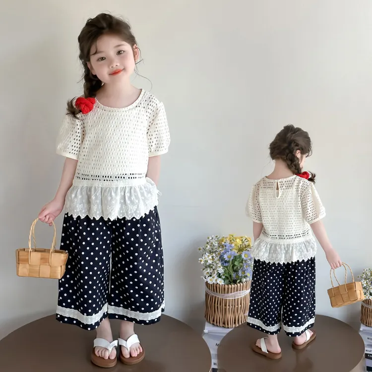 女童休闲套装2025新款儿童夏装韩版洋气女宝宝夏季时髦圆点三件套