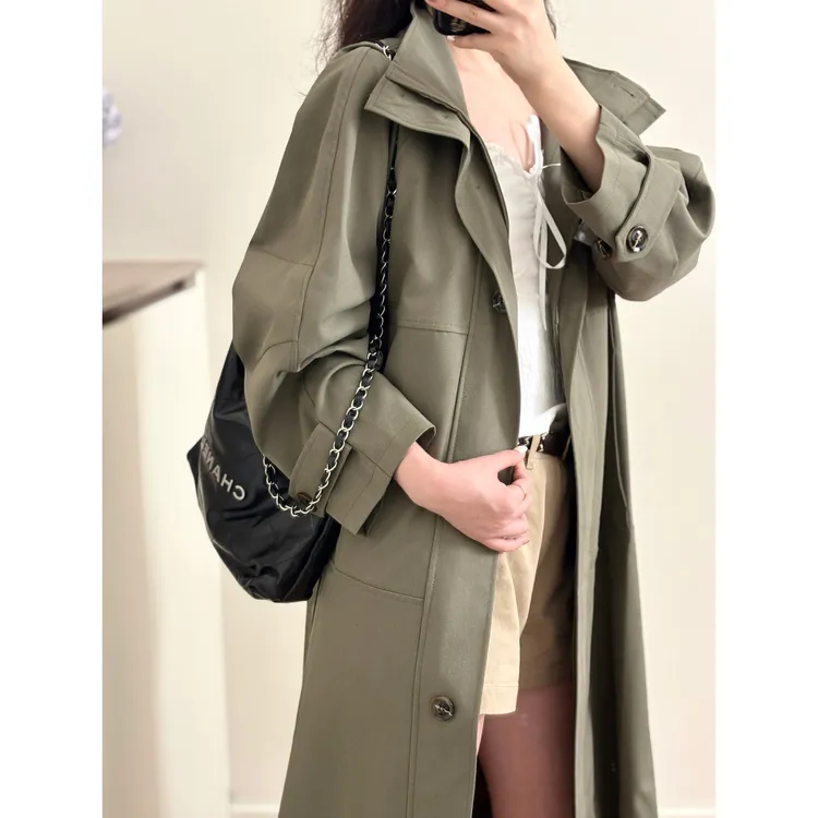 韩版英伦风军绿色翻领风衣外套女2025春秋慵懒风中长款休闲大衣潮