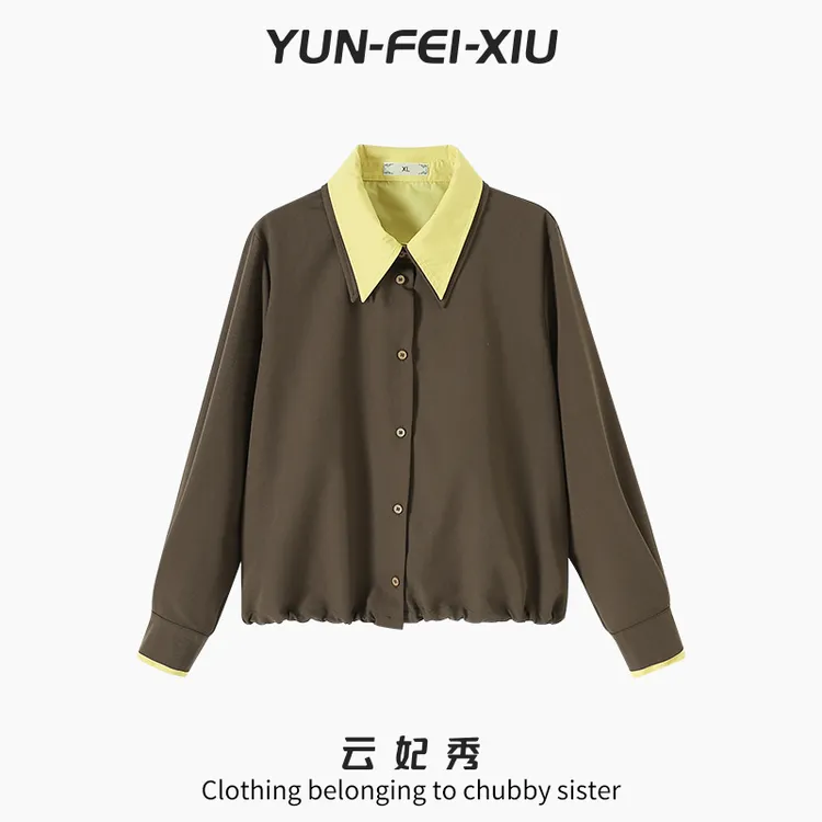 云妃秀大码女装衬衫翻领拼接时尚休闲显瘦遮肉胖妹妹假两件秋7133