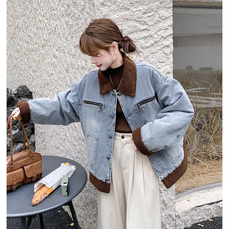蓝色复古牛仔派克服女短款2025冬新款韩版加绒加厚小个子棉衣棉袄