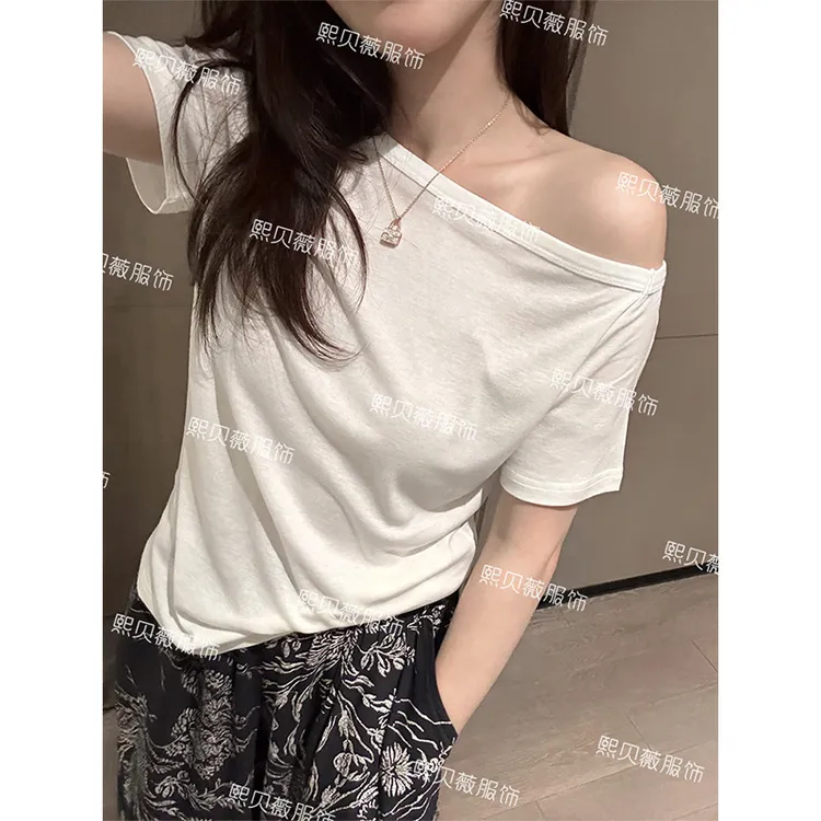 熙贝薇6  天丝羊毛斜肩短袖T恤新款露肩休闲百搭显瘦上衣 G7777