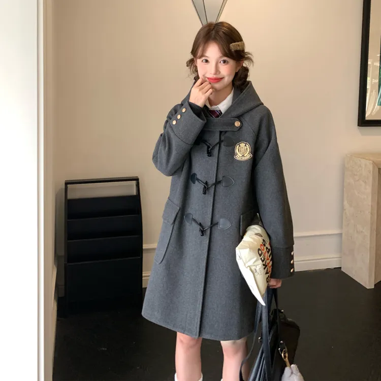 东京岁时记jk秋冬新款牛角扣连帽大衣中灰中长款毛呢外套莱克学院