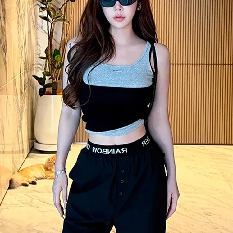 美式潮流辣妹高级假两件双色撞色背心吊带2025新款女修身短款上衣