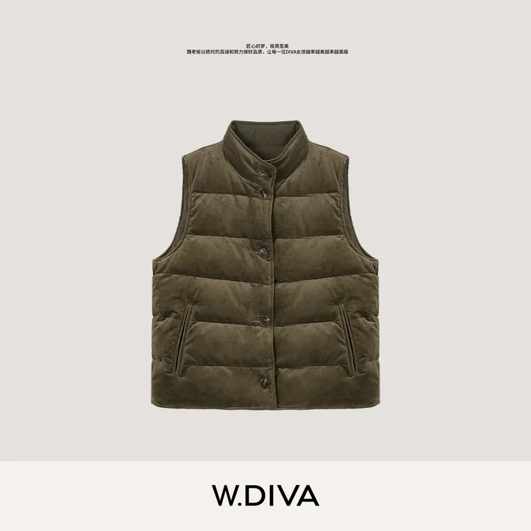 W.Diva【匠心之作】双面穿复古灯芯绒蓬蓬白鹅绒马甲保暖54C263002