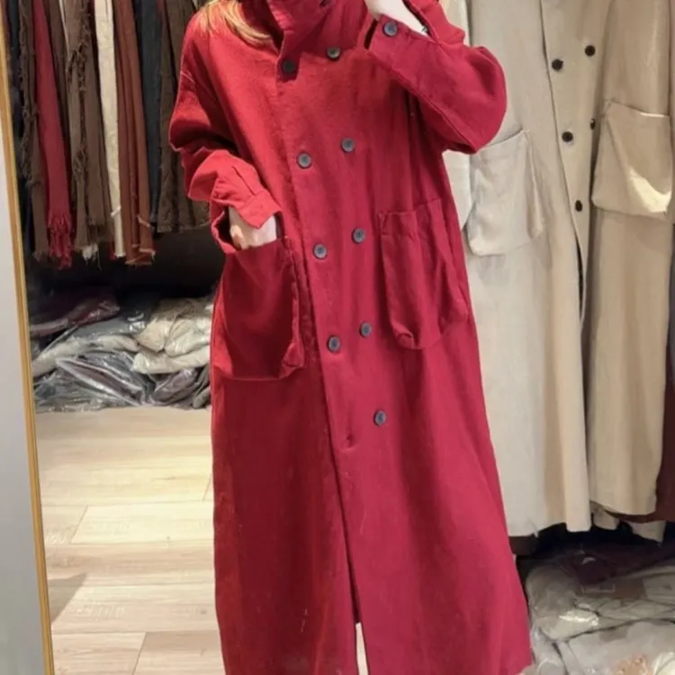 秋冬亚麻立领氛围感长款女士风衣宽松百搭英伦风