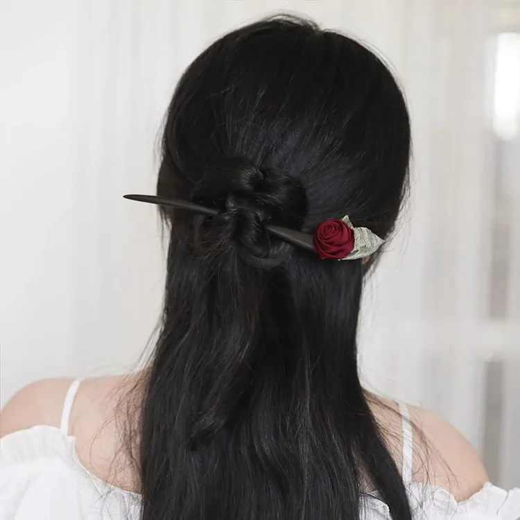 新中式玫瑰发簪国风步摇盘发汉服古风木质簪子发饰旗袍发钗女头饰