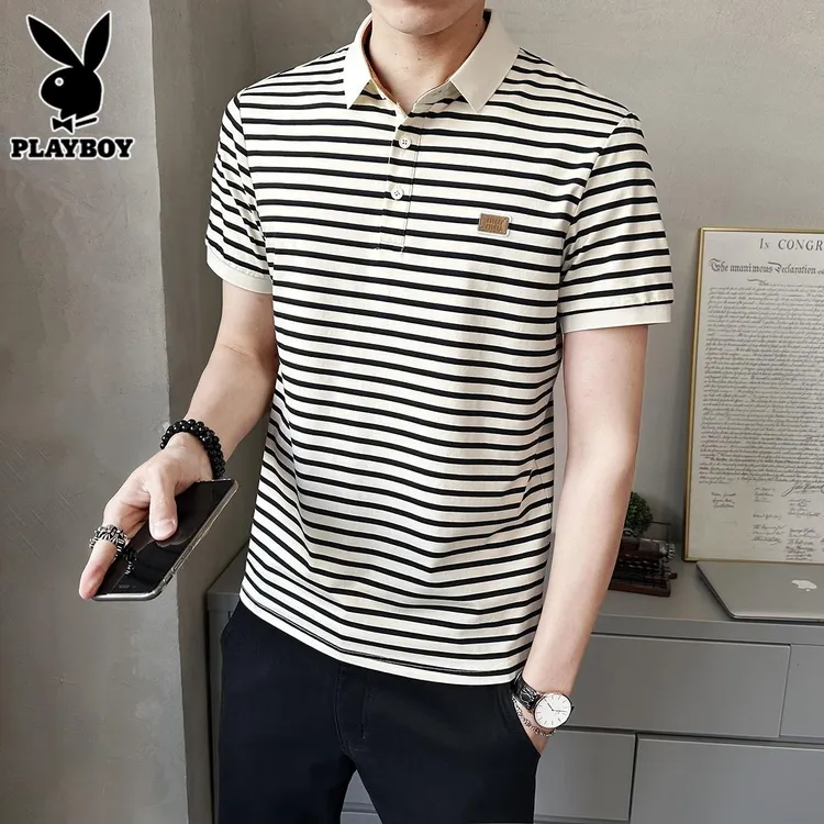 花花公子条纹polo衫短袖2025新款夏季爆款网红洋气炸街高级感男装