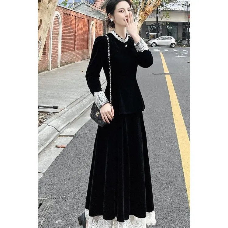 新百伦【断码】早秋新款黑色连衣裙时尚套装女收腰显瘦上衣蕾丝拼接