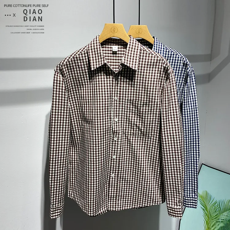 格纹拼接百搭潮流休闲宽松纯棉翻领外套春季男士休闲帅气长袖衬衫