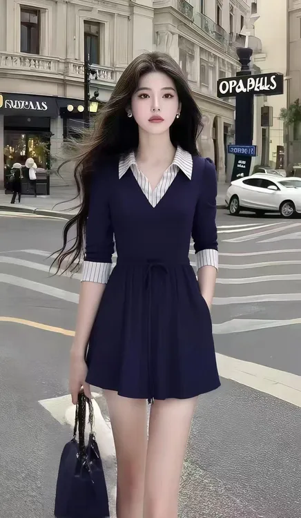 新款轻奢高端气质显瘦藏青色翻领别致设计感长袖收腰小众连衣裙女