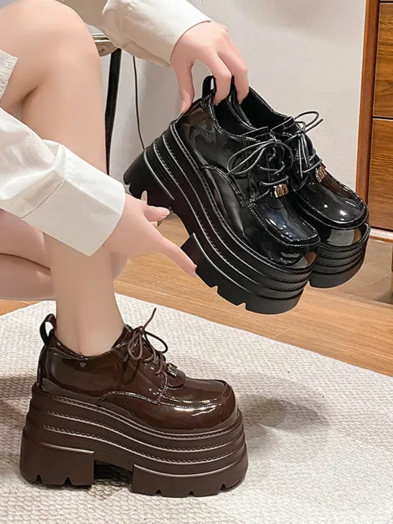 欧洲站增高10cm女鞋2025年新款英伦风厚底松糕小皮鞋高颜值老爹鞋