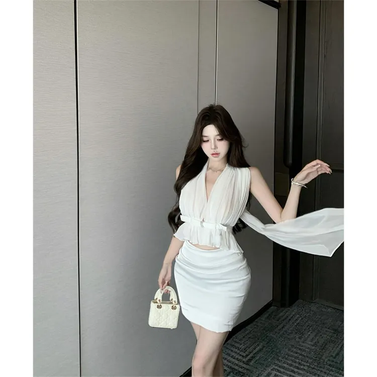 夏季新款时尚网纱系带蝴蝶结钻露背背心缎面半身包臀裙短裙两件套