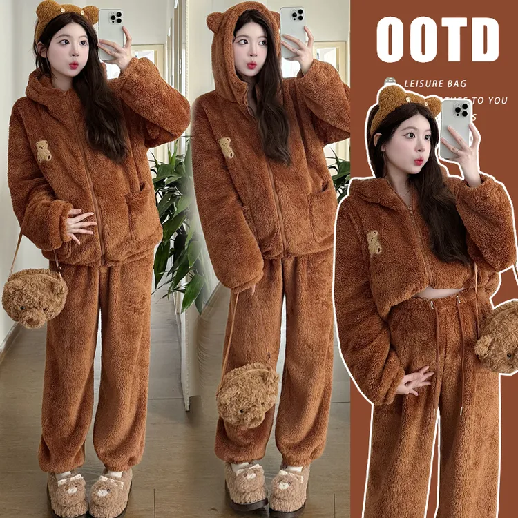 孕妇冬季时尚保暖高级感连帽拉链甜美可爱毛绒居家月子服套装