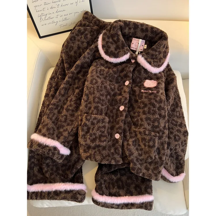 甜美卡通kitty猫豹纹珊瑚绒睡衣女秋冬季新款加厚保暖家居服套装