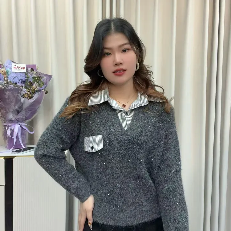 小鑫肝@格子翻领拼接假两件撞色亮片时尚减龄毛衣 1208