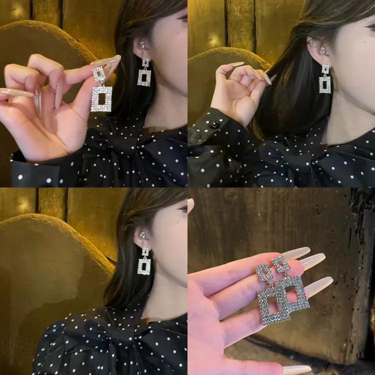 铜合金耳饰 欧美气质超闪几何耳环欧美夸张耳饰百搭长款耳钉耳坠
