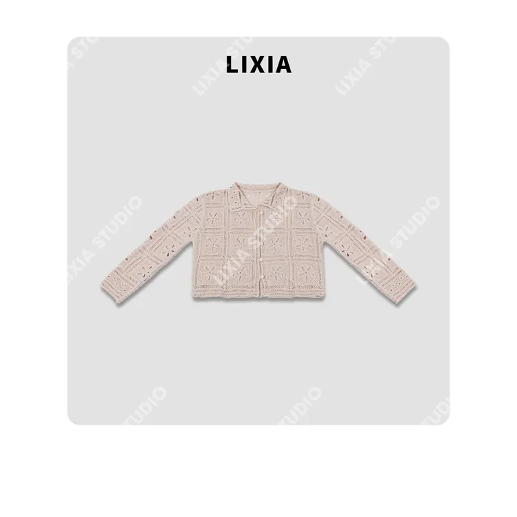 LIXIA【花笺】轻奢感镂空花纹浅米色钩花针织开衫-D9220