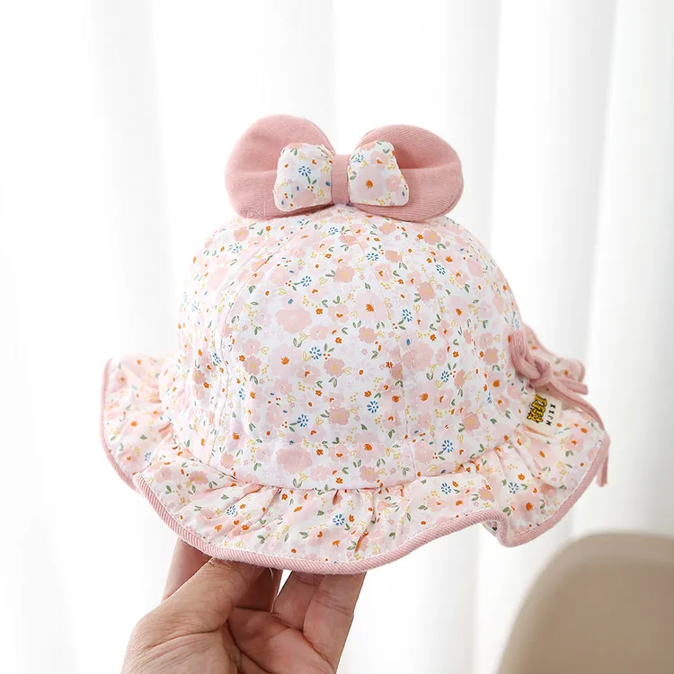 婴儿帽子春秋款蝴蝶结女童渔夫帽夏季薄款公主宝宝可调节遮阳盆帽