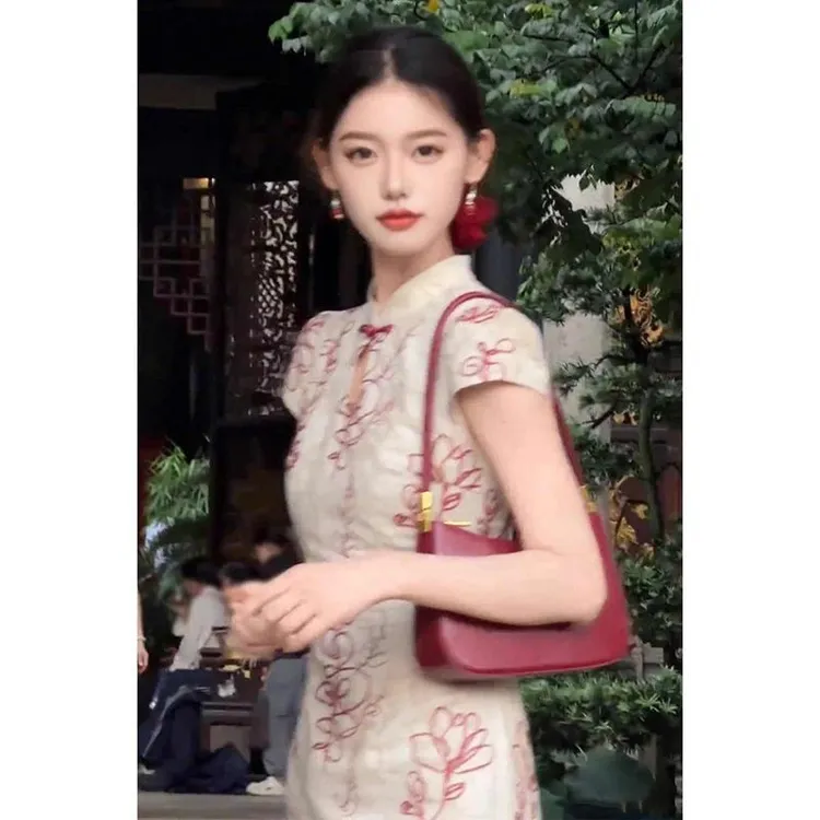 国风新中式复古盘扣碎花改良旗袍裙子女夏气质百搭镂空掐腰连衣裙