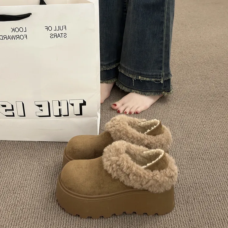 复古两穿白色加绒勃肯鞋女2025新款冬季一脚蹬毛毛鞋保暖雪地棉鞋
